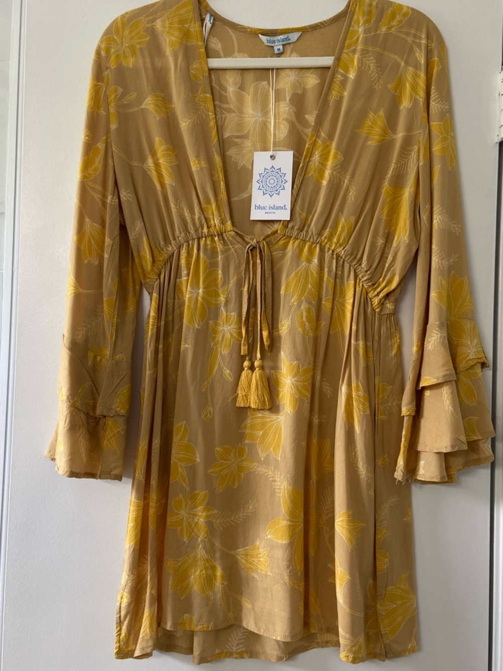 Yellow and Tan Floral Mini Dress Coverup Medium NWT